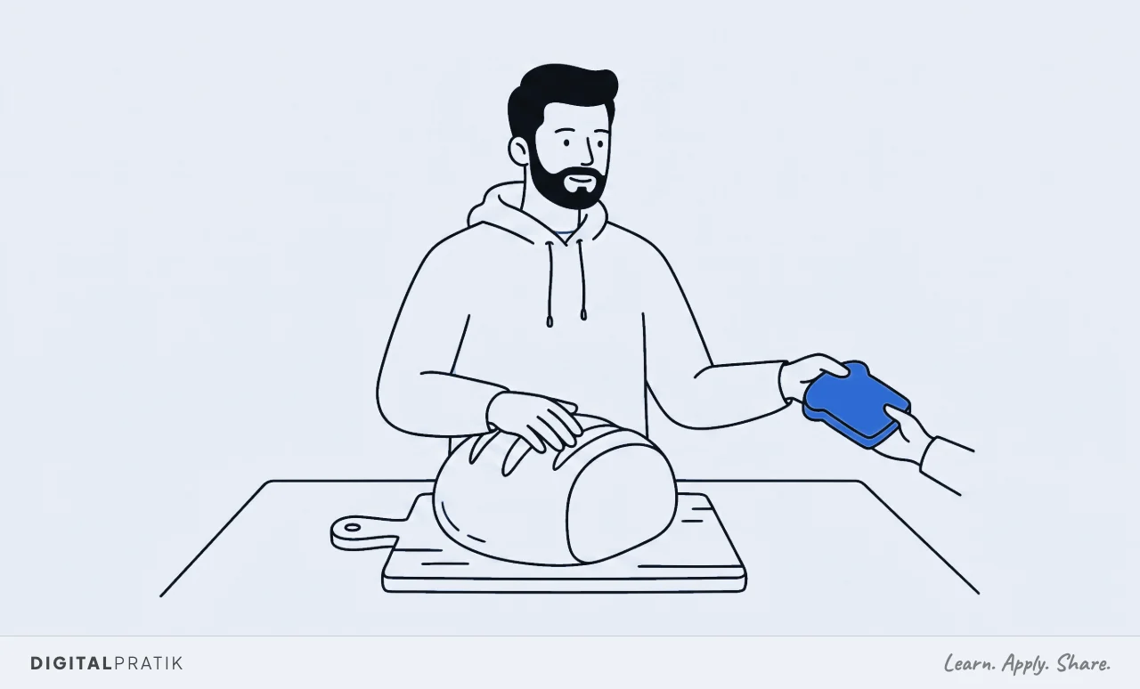 A line drawing of a man in a hoodie at a table cutting one modest yellow slice from a large loaf and handing it over, with his other hand resting on the rest of the loaf, which stays on his own board.