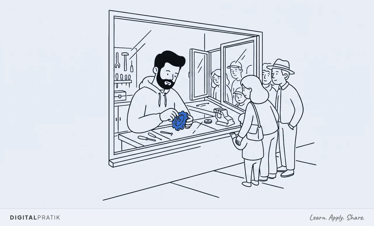 A line drawing of a man in a hoodie working at a bench inside a large shop window, both hands busy making something blue, absorbed and not looking up. Outside, several passers-by have stopped and are pressed to the glass watching.