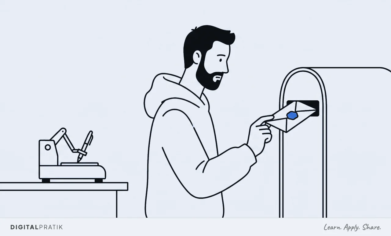 A line drawing of a man holding a sealed envelope with a yellow wax seal right at the lip of a postbox slot, deliberately not letting go, while behind him a small machine at a tidy desk rests the pen it used to write it.