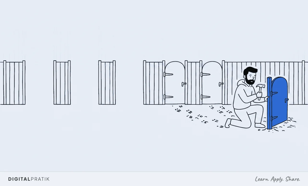 A line drawing of a long fence where a man kneels fitting a blue gate onto a churned up patch of ground beside two gates already fitted at other churned patches, while three wide open gaps in the same fence stand unguarded behind him.