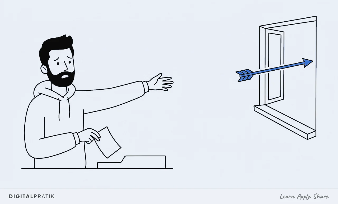 A line drawing of a blue arrow already flying away out of an open window, with a man reaching after it far too late while holding the small paper slip that has just dropped into a tray to tell him it went.