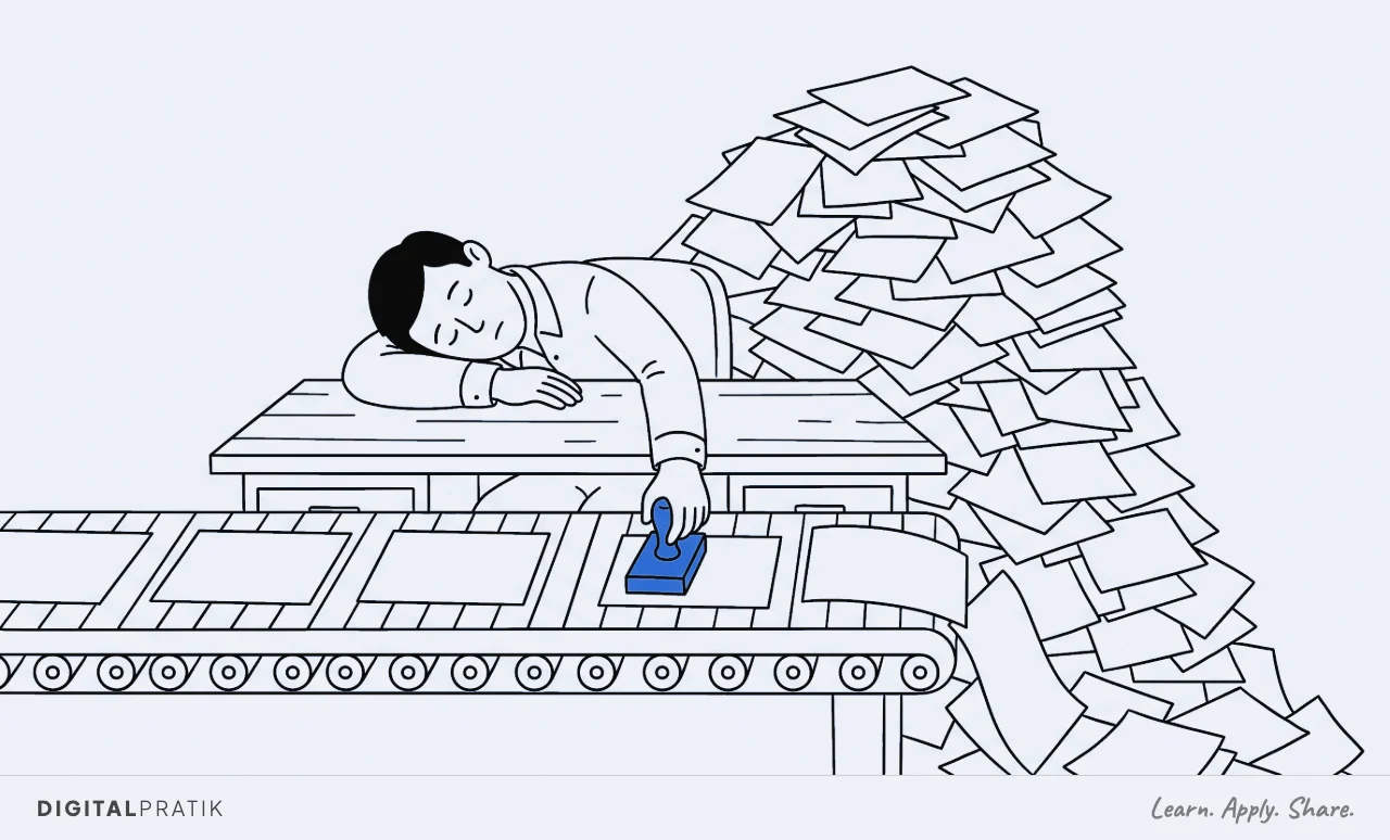 A line drawing of an office worker asleep at a desk with their head propped on one hand, mechanically hammering a yellow rubber stamp onto a conveyor of blank documents passing underneath, with an enormous stamped pile behind them.
