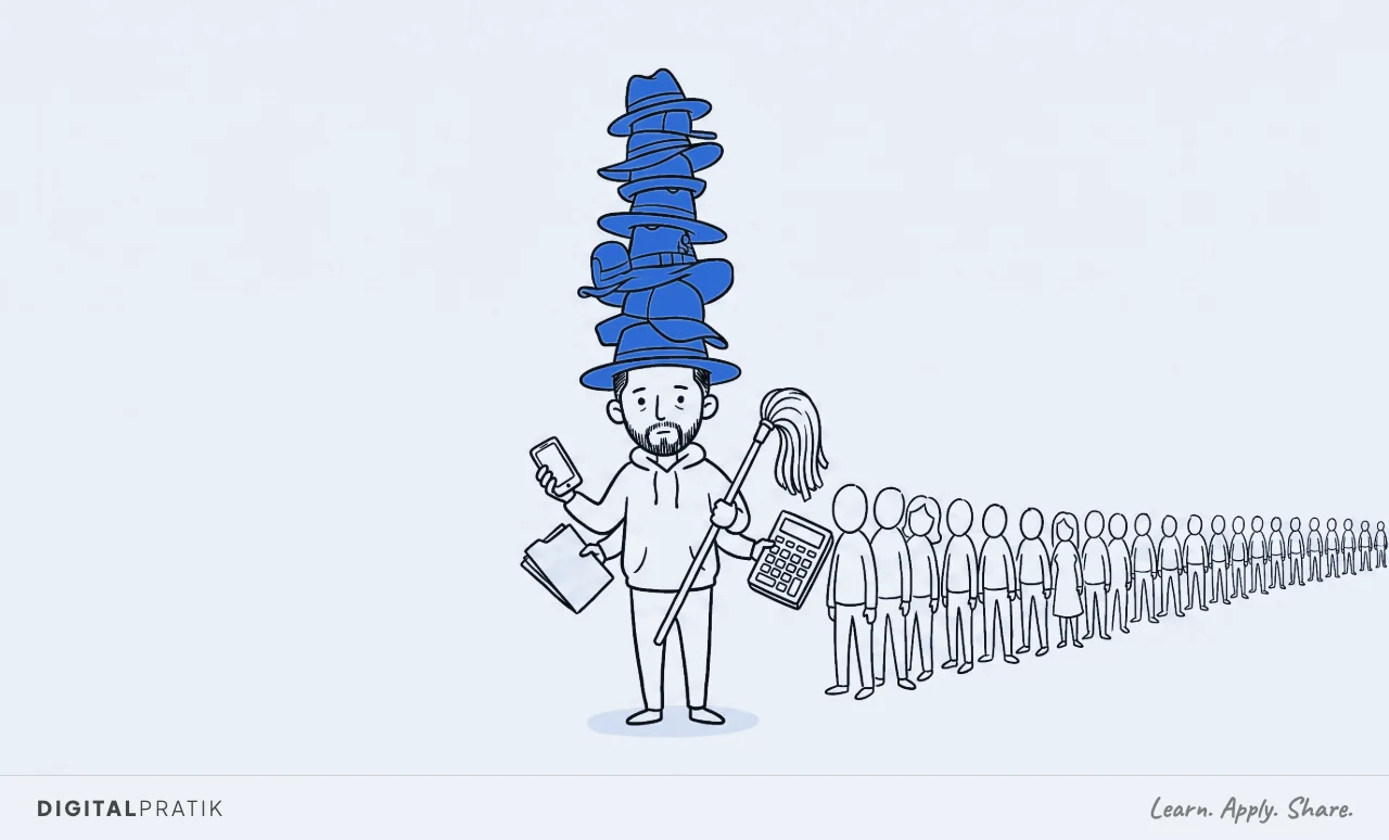 A founder wearing every hat in the business, holding a phone, clipboard, mop and calculator, while a long queue of people waits on him