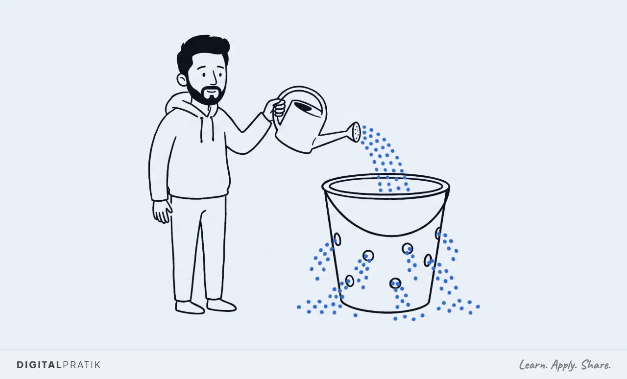 A line drawing of a man in a hoodie calmly pouring yellow dots from a watering can into a large bucket. The bucket is full of holes and the dots are pouring straight out of the sides and piling up on the ground.