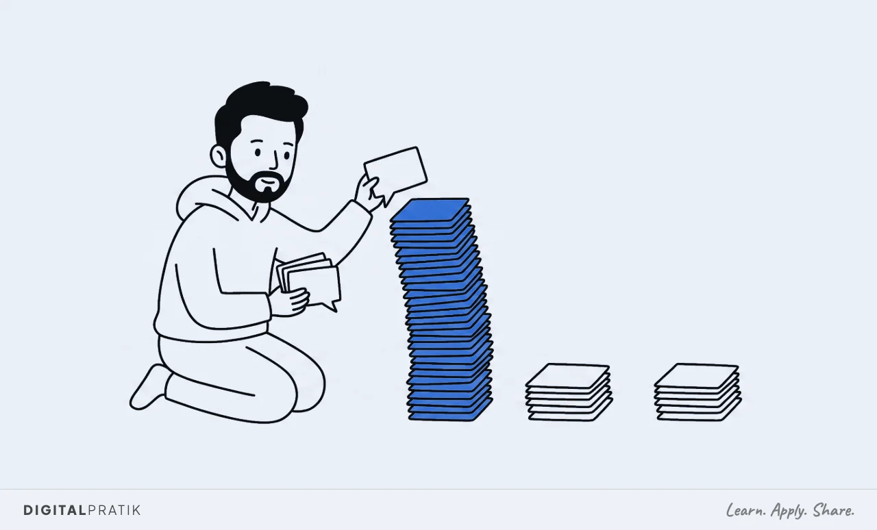 A line drawing of a man in a hoodie kneeling on the floor, sorting small speech-bubble cards into three stacks. Two stacks are short. The third is a tall leaning tower filled in bright yellow, and he is placing another card on it.