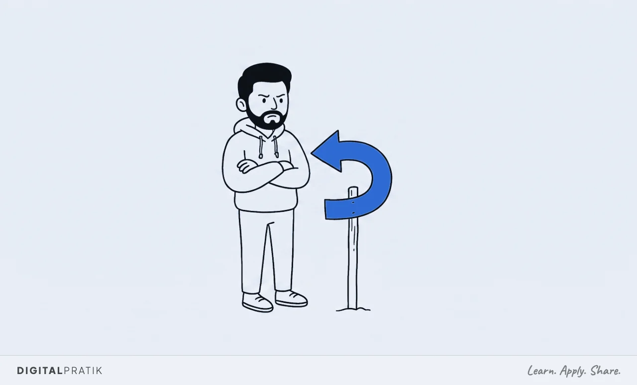 A line drawing of a man in a hoodie standing with folded arms, frowning at a small signpost planted in front of him whose single yellow arrow has been bent all the way round to point back at his own chest.