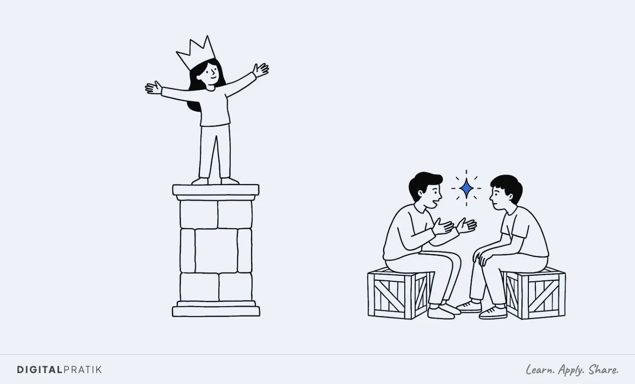 A line drawing of a figure standing high on a tall pedestal wearing an oversized crown with absolutely nobody looking at them. On the right, two ordinary people sit facing each other on crates deep in conversation, with a small blue spark passing between them.