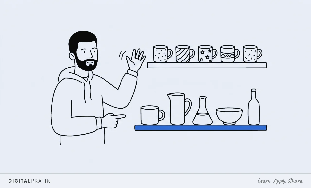 A line drawing of two shelves. The upper one holds five identical mugs that differ only in a small pattern. The lower yellow shelf holds five genuinely different vessels. A man waves the top shelf away and points firmly at the bottom one.
