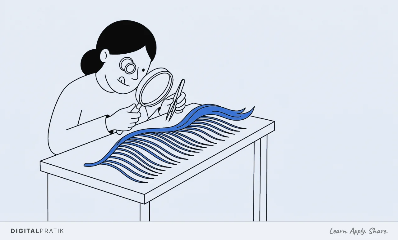 A line drawing of a person in a jeweller's eyepiece hunched over a bench with a magnifying glass and tweezers, having split one single yellow hair lengthwise into many separate strands laid out in a row.