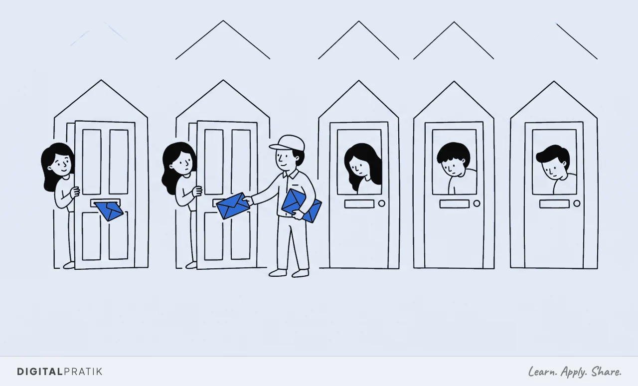 A line drawing of five different front doors in a row with a person waiting hopefully behind each one, and a postman in the middle holding only two yellow envelopes. Three letterboxes are visibly empty.