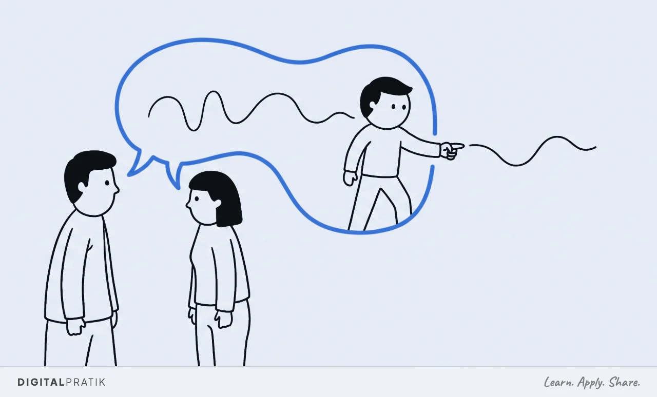 A line drawing of two people already deep in conversation with one large blue speech bubble between them, while a third person steps bodily inside that same bubble and carries the line onward with a pointing finger.