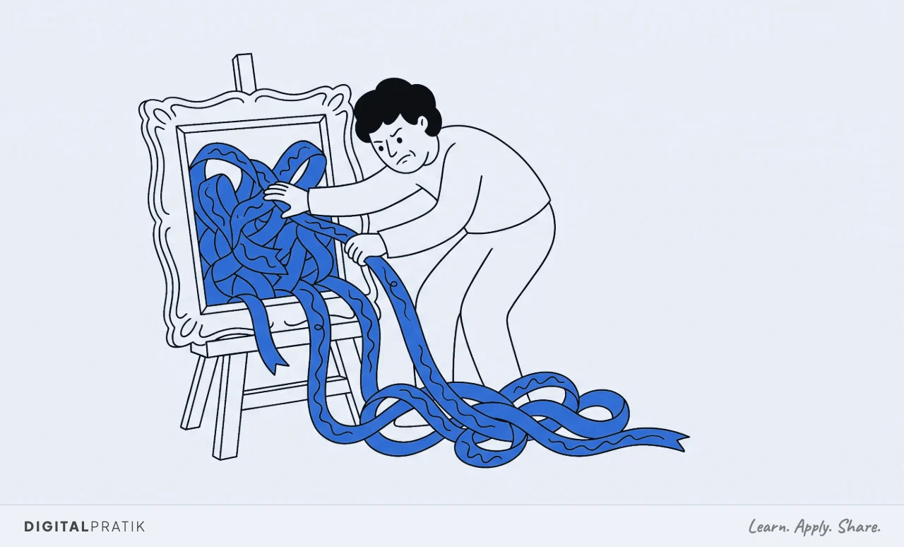 A line drawing of a person forcing a very long blue ribbon, carrying one continuous wavy line, into a small ornate picture frame already finished on an easel. The ribbon crumples inside it and spills out over the edges onto the floor.