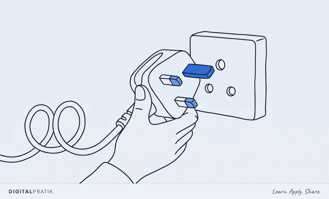 A line drawing of a hand pushing a plug uselessly against a three hole socket. The plug has only two pins, and where the third should be there is just a blue gap.