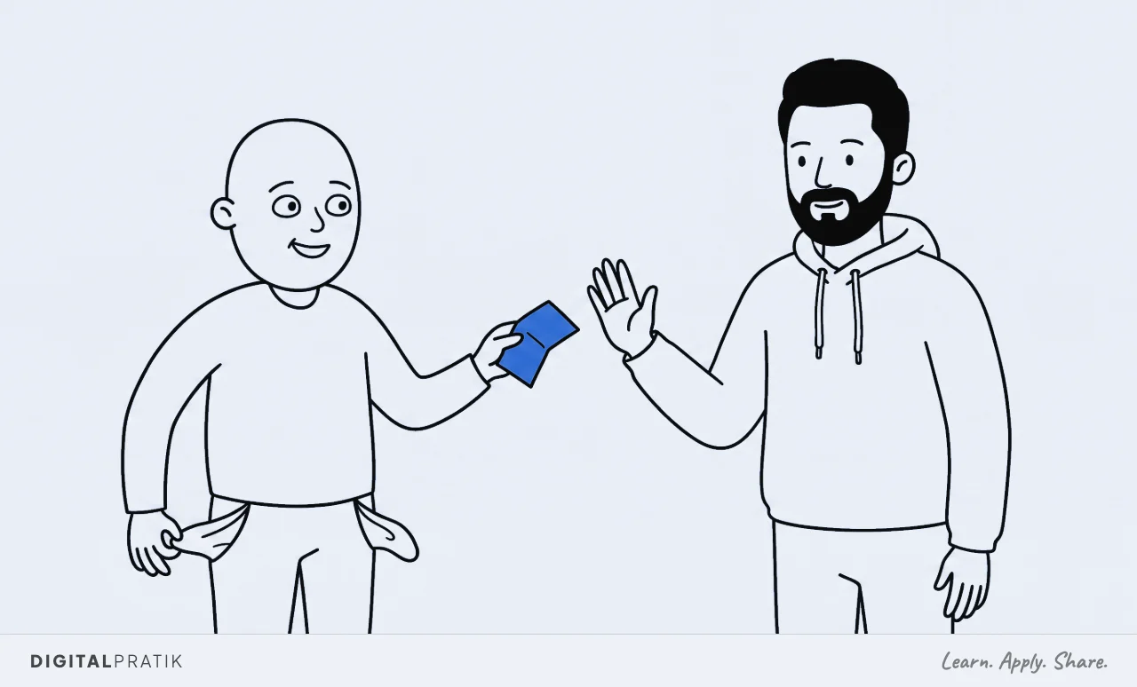 A line drawing of a person holding out a folded yellow note hopefully while both their trouser pockets hang inside out and empty. A man in a hoodie has raised one open palm, politely declining to take it.