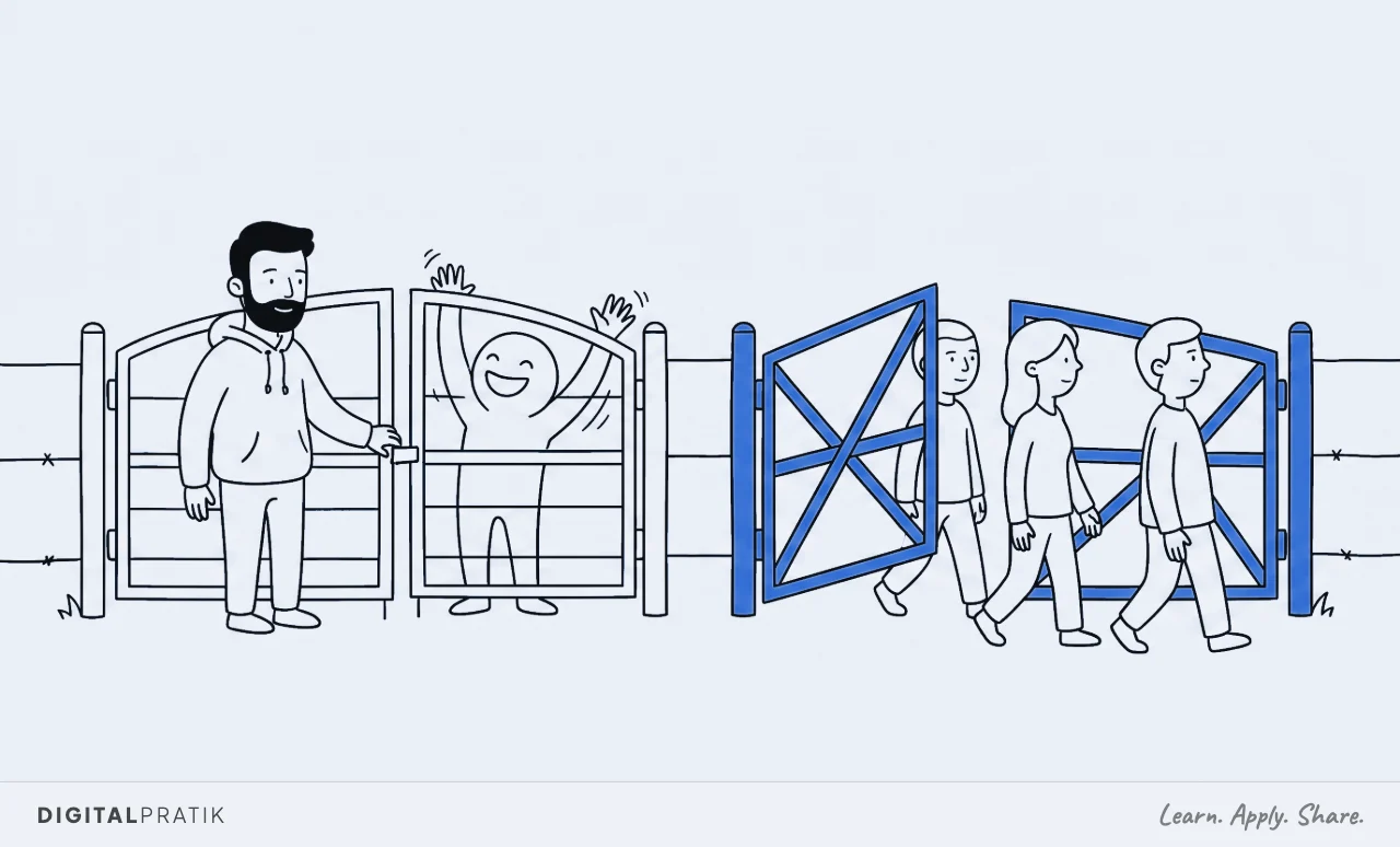 A line drawing of two gates in a fence. A man in a hoodie is calmly closing the left one on an enthusiastically waving figure, while the right gate stands wide open in yellow and three quiet purposeful people walk straight through it.