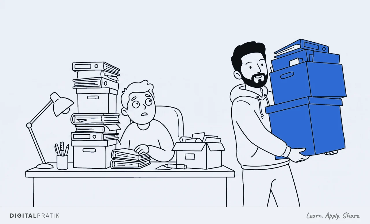 A line drawing of a person almost buried behind a huge teetering pile of files and clutter on their desk. A man in a hoodie is carrying several of the biggest yellow items away in both arms, and the desk is starting to clear.