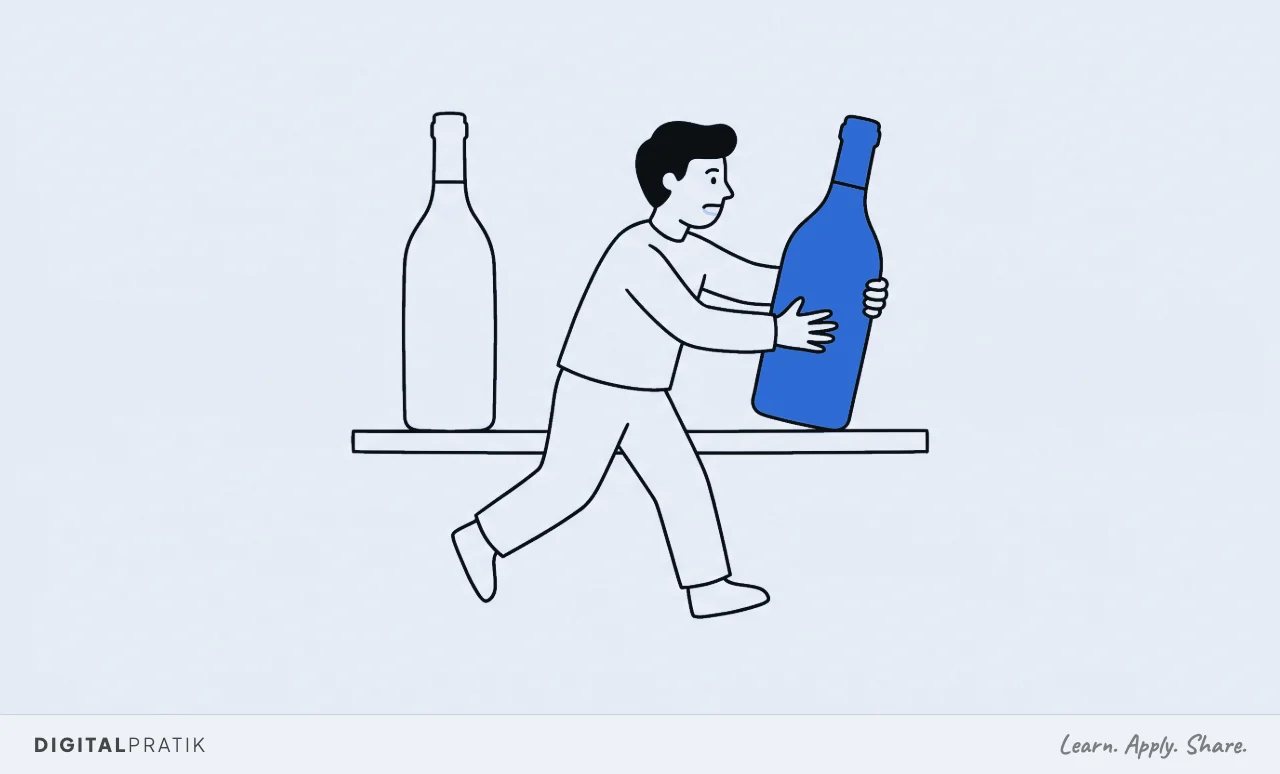A line drawing of two bottles on a shelf. One person hurries straight past the first without a glance and grabs the second, drawn in yellow, clutching it to their chest with obvious relief.
