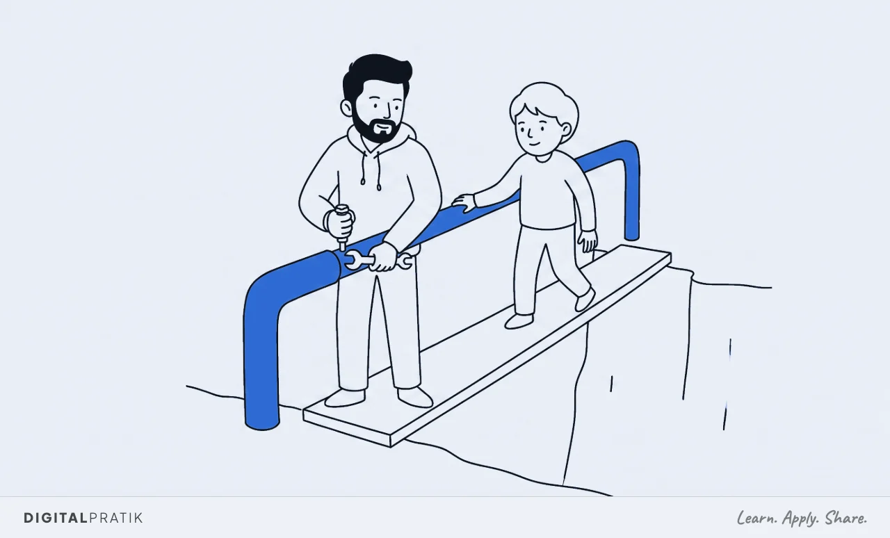 A line drawing of a narrow raised walkway over a gap. A man in a hoodie is bolting a solid yellow handrail into place alongside it, and a person who had been hesitating now has a hand on the rail and is stepping on.