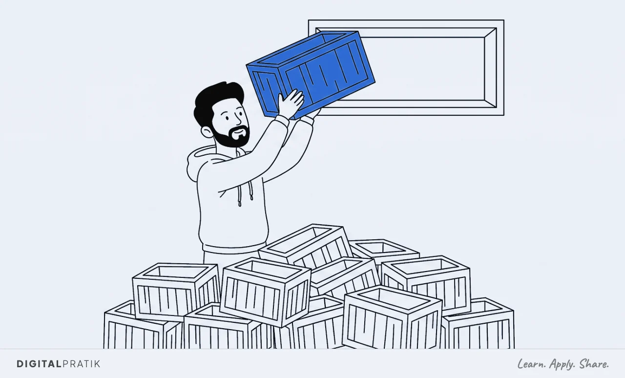 A line drawing of a large pile of identical crates on the floor. A man in a hoodie has lifted exactly one of them up onto a higher shelf on its own, and every other crate stays exactly where it was.