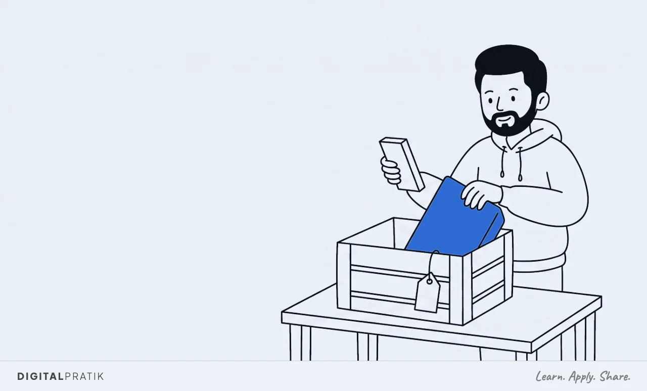 A line drawing of an open crate on a table with its price tag hanging untouched on the outside. A man in a hoodie lifts a small thin item out of it with one hand while lowering a much larger yellow object in with the other.