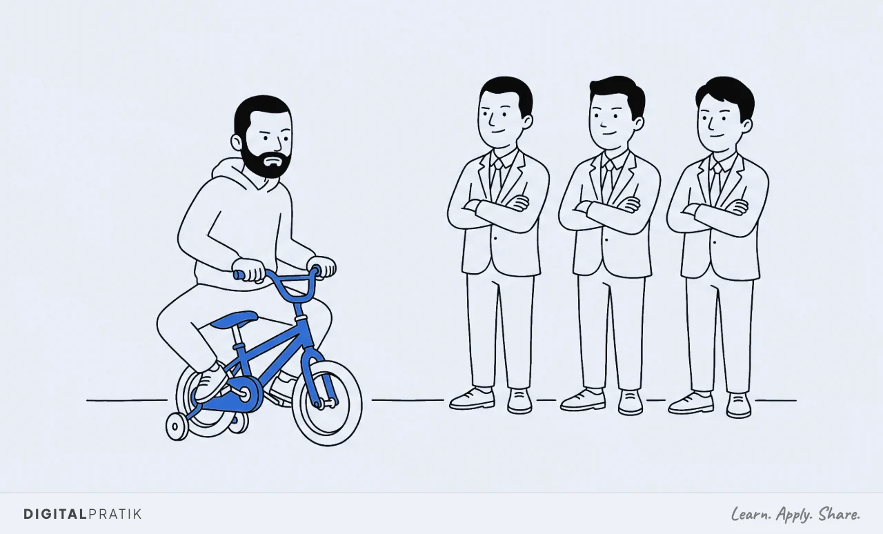 A line drawing of a man wobbling forward on a small yellow child's bicycle with stabiliser wheels, looking faintly ridiculous but well ahead of three smartly suited figures standing still with their arms folded, watching him.