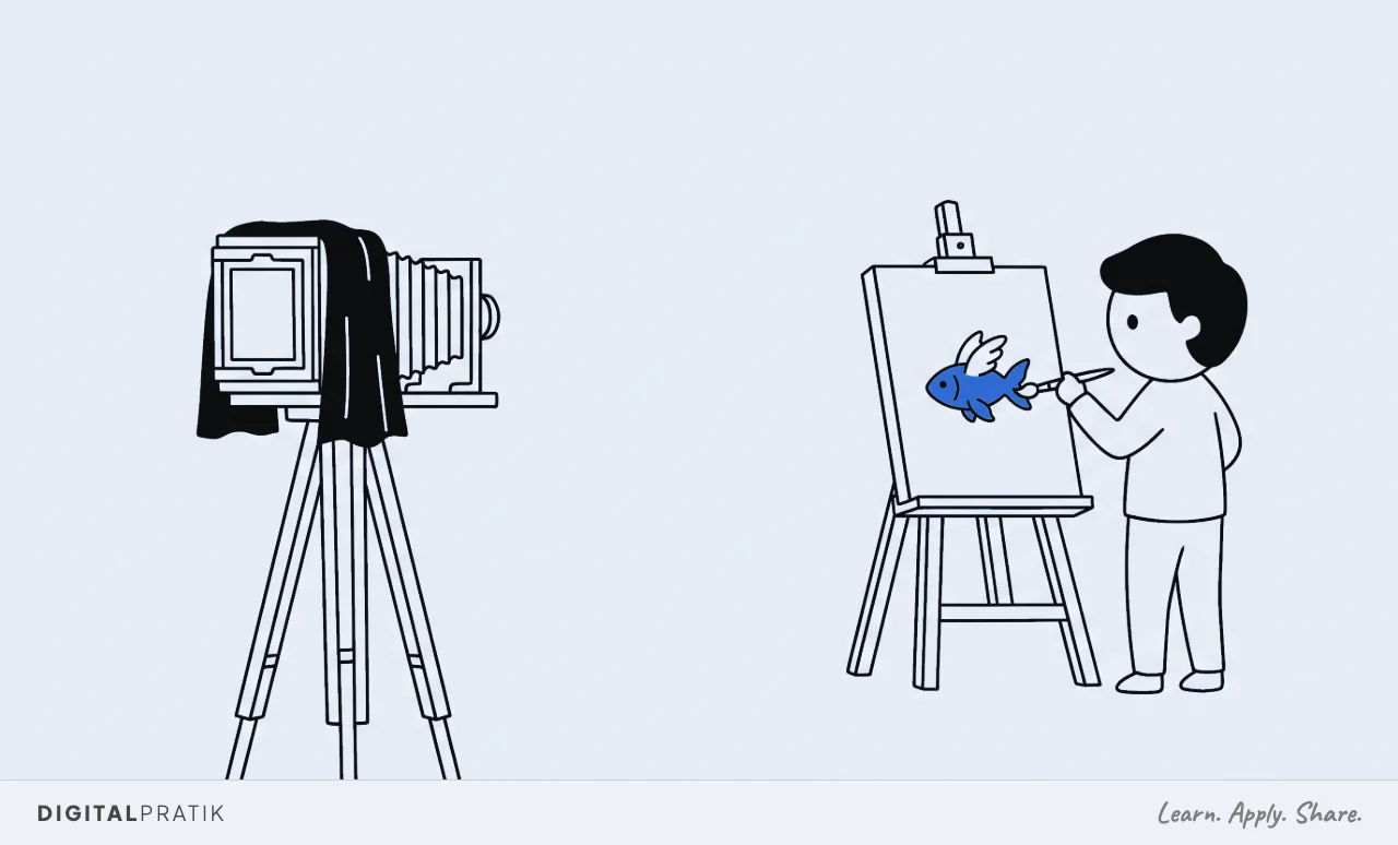 A line drawing of a large plate camera on a wooden tripod on one side, and on the other a painter carrying on at their easel entirely unbothered, painting a yellow winged fish that no camera could photograph.