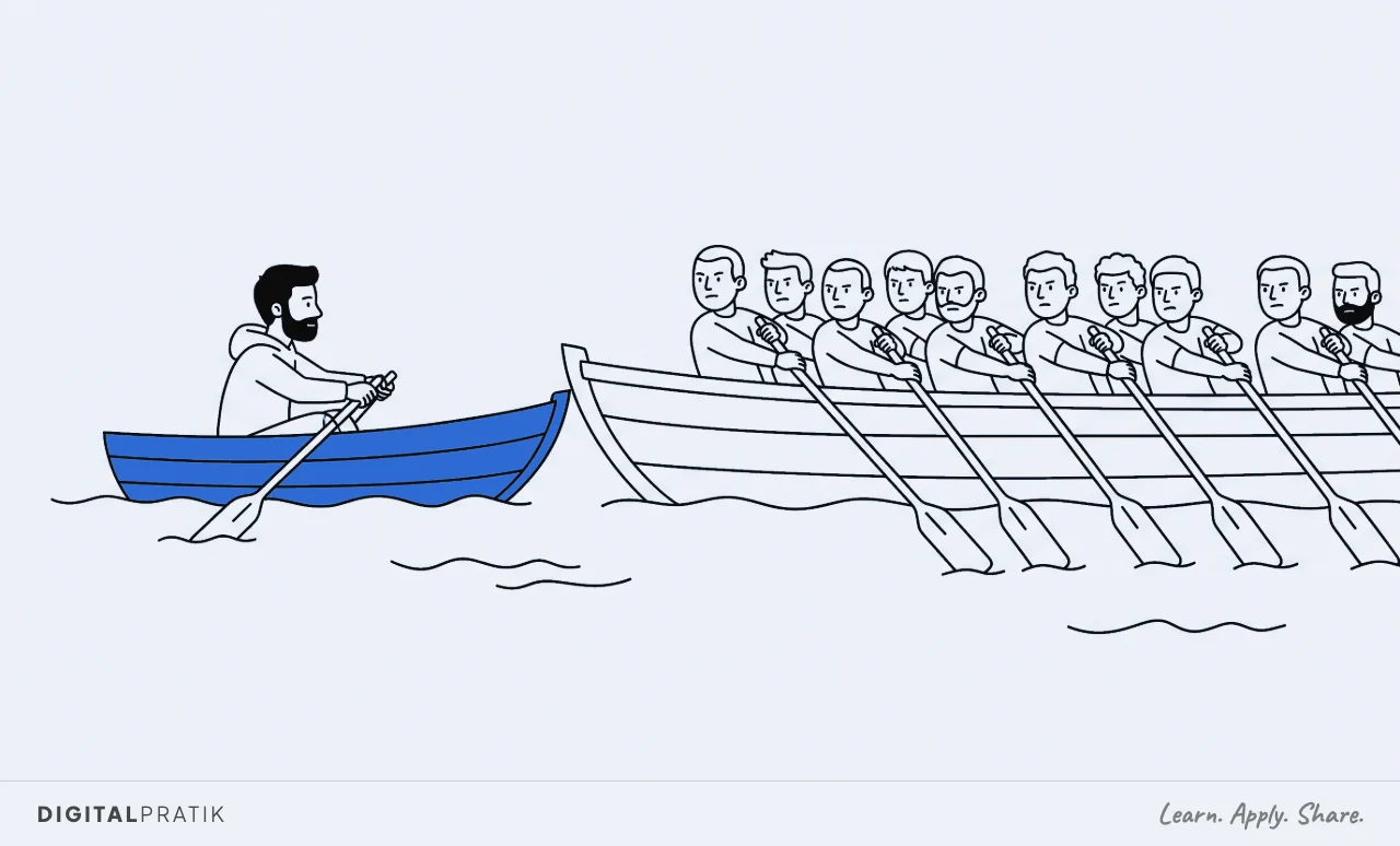 A line drawing of one man rowing a small yellow boat, drawn exactly level with an enormous galley beside him that needs ten straining rowers to keep the same pace.
