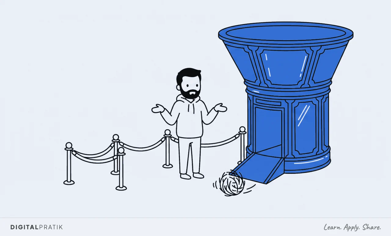 A line drawing of a magnificent ornate blue funnel machine with a welcoming entrance ramp and rope barriers set out for a crowd, with nobody queueing at all, a tumbleweed rolling past and a man shrugging beside it.