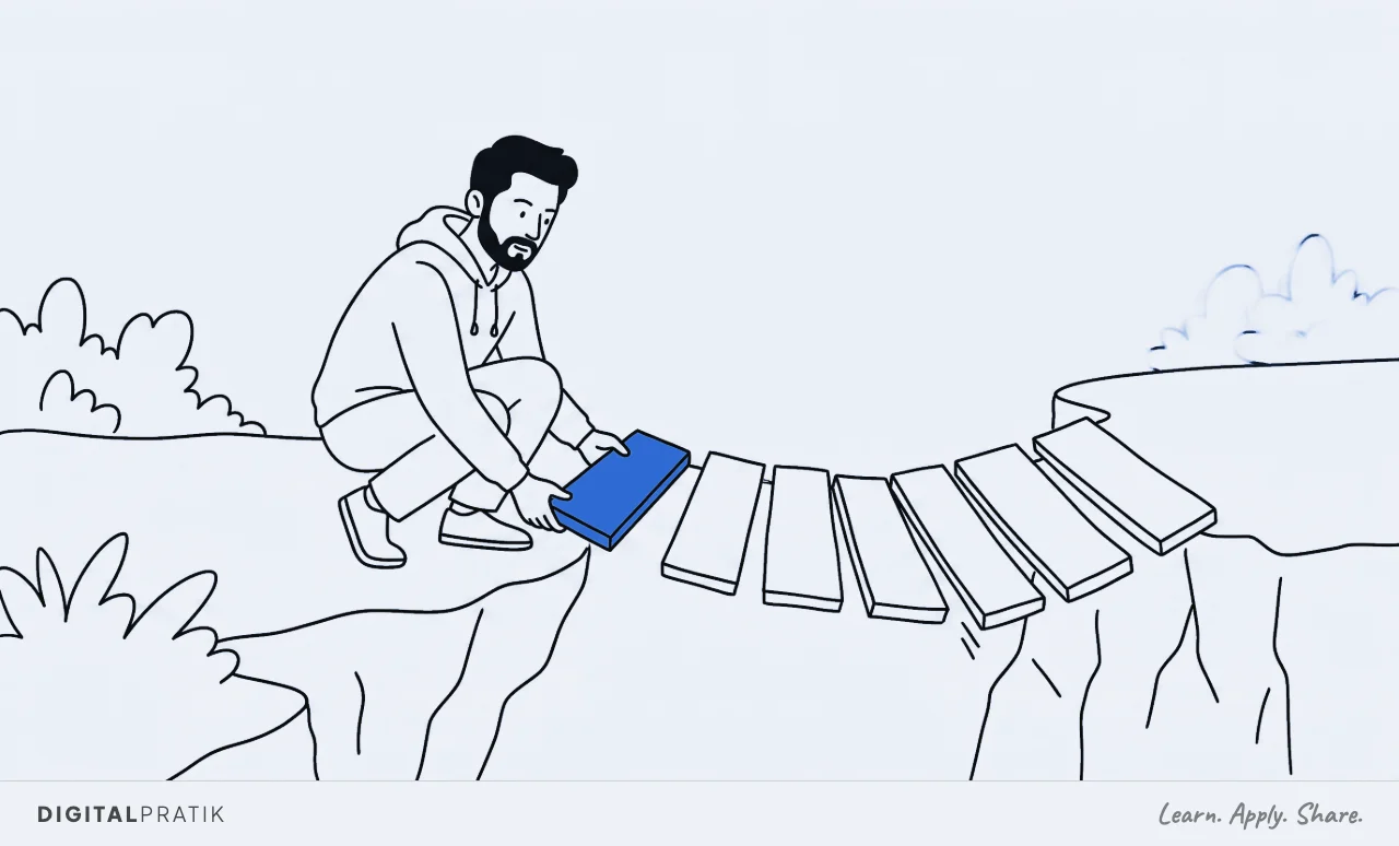 A line drawing of a man in a hoodie crouched at the near end of a plank footbridge over a gap, yanking out the first plank, which is filled blue. The rest of the planks behind it have already begun to tilt and sag into the gap. He is concentrating on the plank and has not noticed.