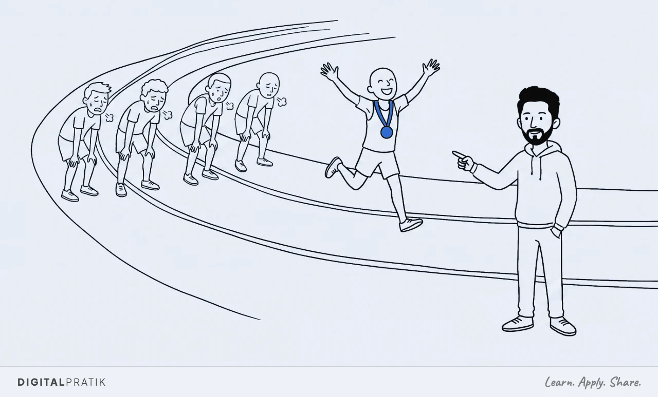 A line drawing of a running track. Four runners stand bent over with their hands on their knees, exhausted and ignored. A fifth runner crosses the finish with both arms raised, wearing a single yellow medal. A man in a hoodie points back at the four nobody is looking at.