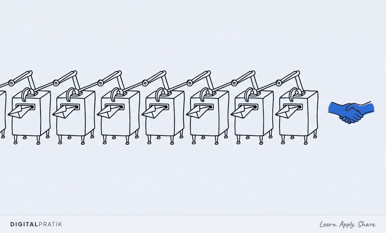 A line drawing of a long row of eight identical machines all mechanically posting identical letters. At the end of the row, apart from all of them, two human hands clasp in a real handshake, drawn in yellow.