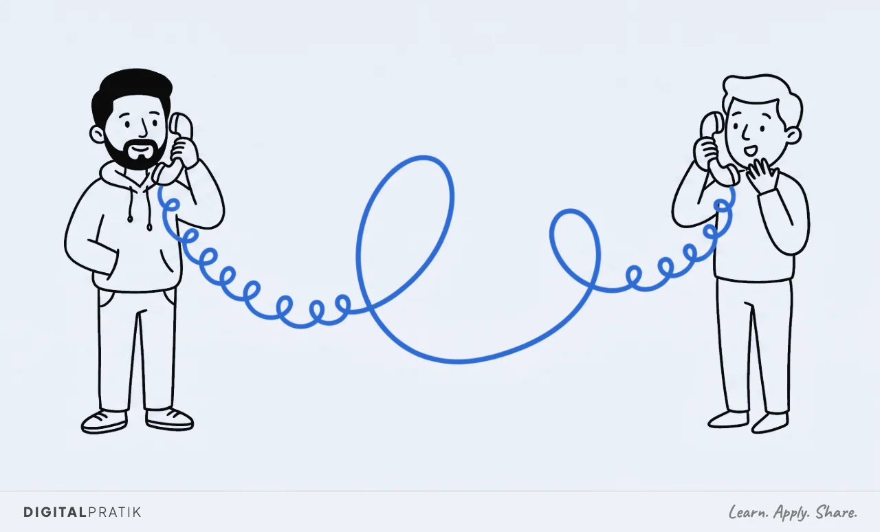 A line drawing of a man in a hoodie on one side holding a telephone handset, and an ordinary person on the far side holding the other handset, connected by one long looping yellow cord that spans the whole picture with nobody in between.