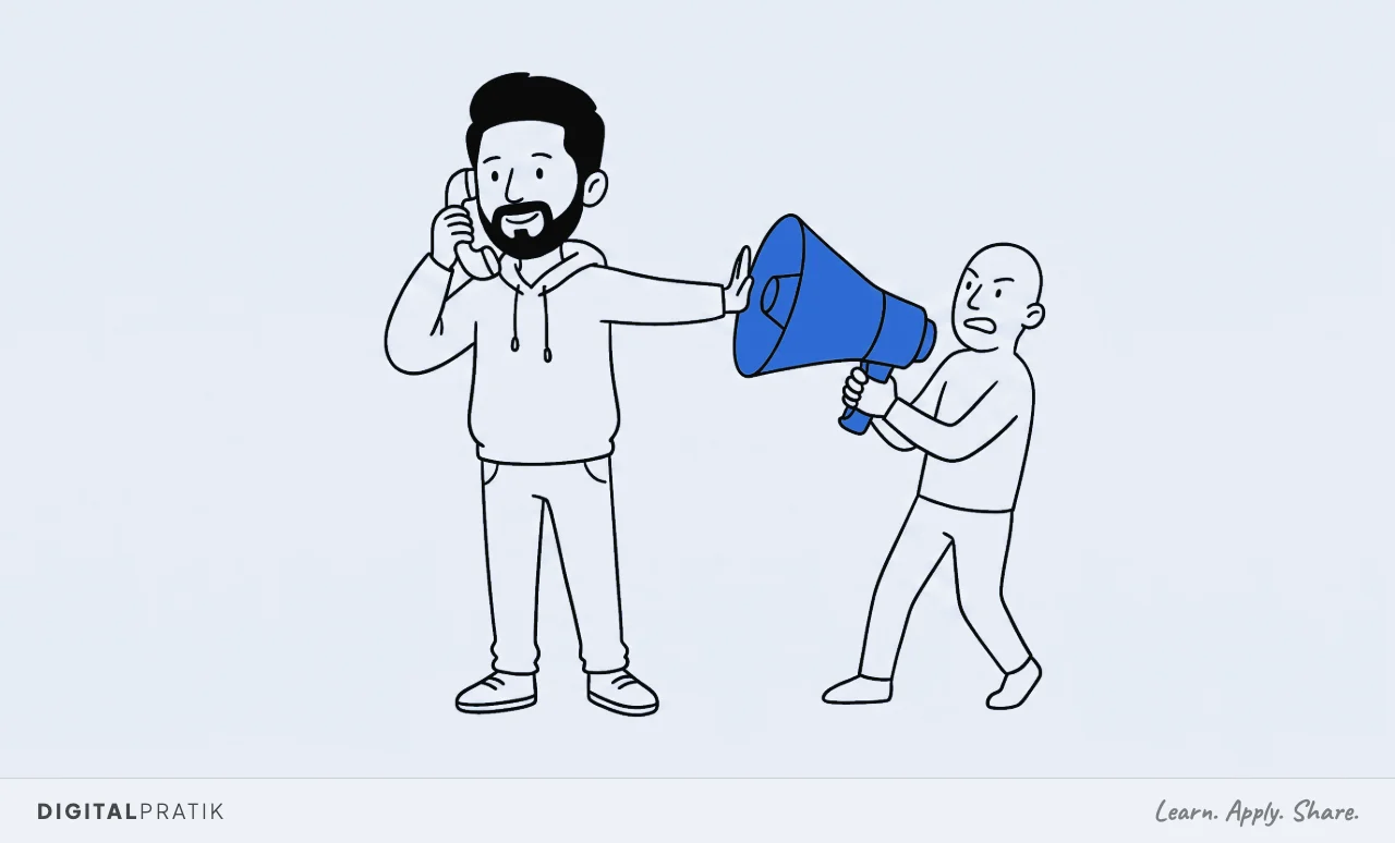 A line drawing of a man in a hoodie on the telephone, calmly pushing away a large yellow megaphone that a pushy figure is trying to hand him. His body is turned towards the call and away from the megaphone.
