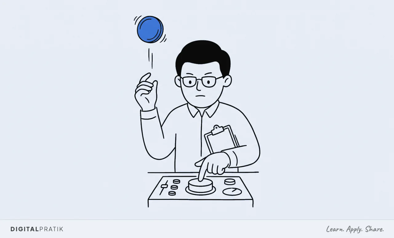 A line drawing of an office worker at a control panel wearing reading glasses with a clipboard under one arm and a deeply serious expression, one finger poised over a stop button while their other hand has just flicked a yellow coin spinning into the air.