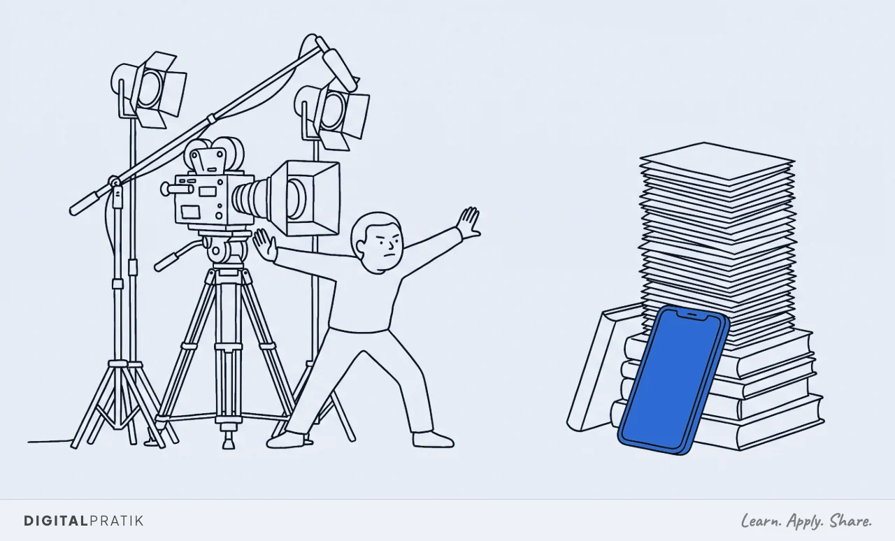 A line drawing of a person standing with both arms flung wide, protectively shielding an enormous film camera rig on a tripod with two studio lamps, while beside them an ignored yellow phone propped on books has produced a far taller stack of results.