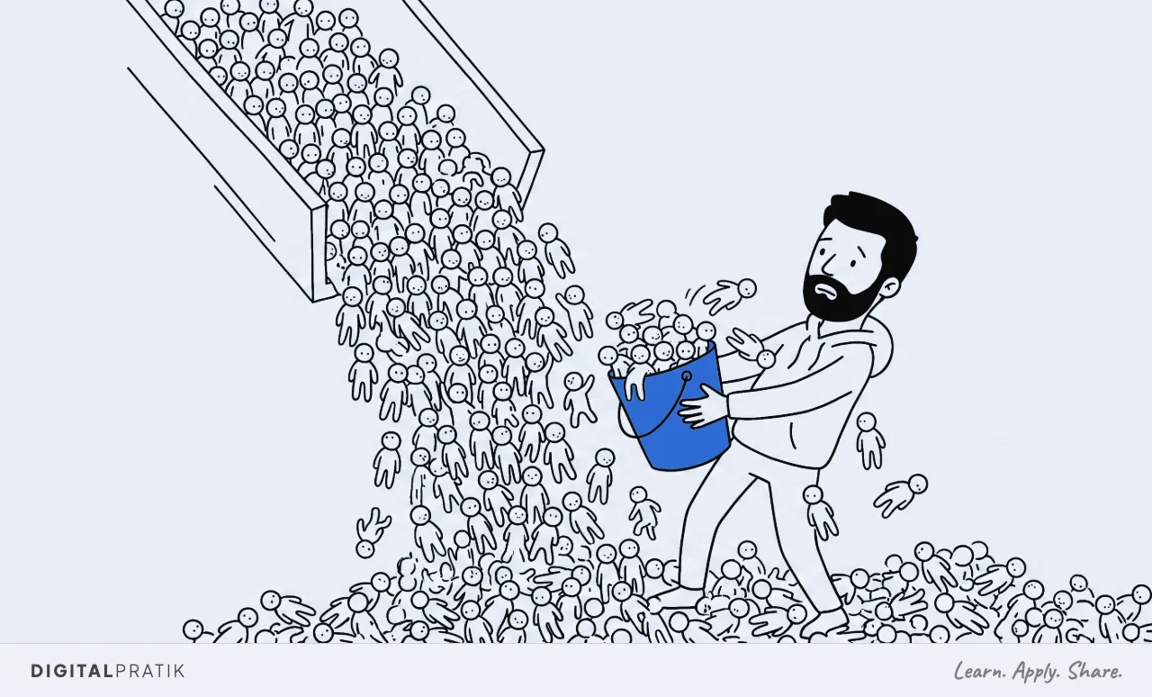 A line drawing of a wide chute pouring a torrent of small person shapes down onto a man holding up one small yellow bucket that is already full. Most of them bounce off the rim and pile up uncaught around his feet.