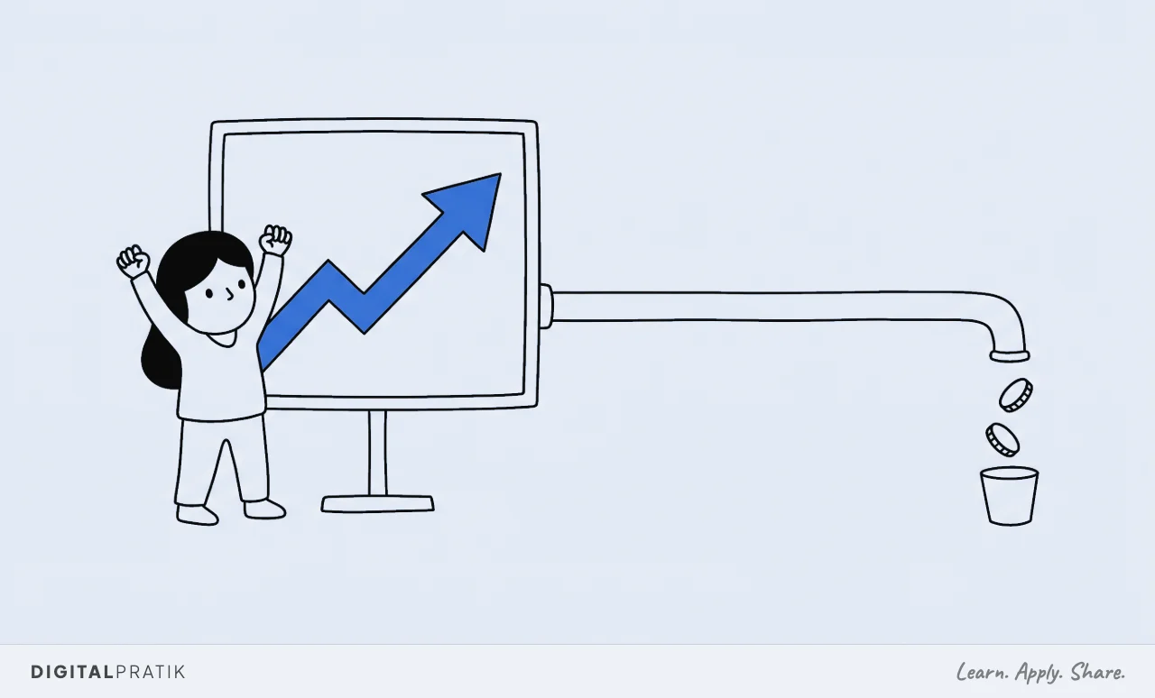 A line drawing of a person cheering with both arms raised in front of a panel showing a big yellow arrow sweeping upwards, while a thin pipe runs out of the back of that same panel across the frame and drips exactly two coins into a tiny cup.