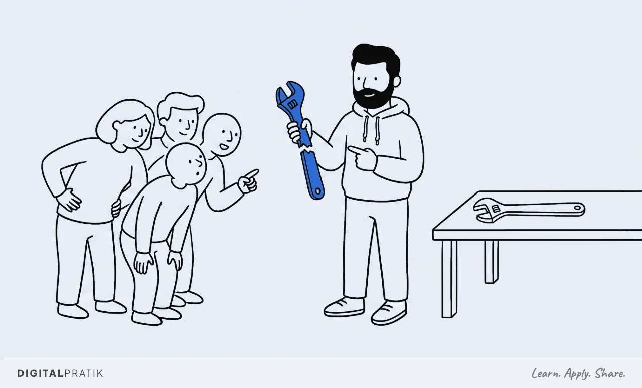A line drawing of a man in a hoodie holding up a visibly bent and broken yellow tool, pointing at the snapped part, while a small group leans in genuinely interested. A perfect polished version of the same tool sits ignored on a table.