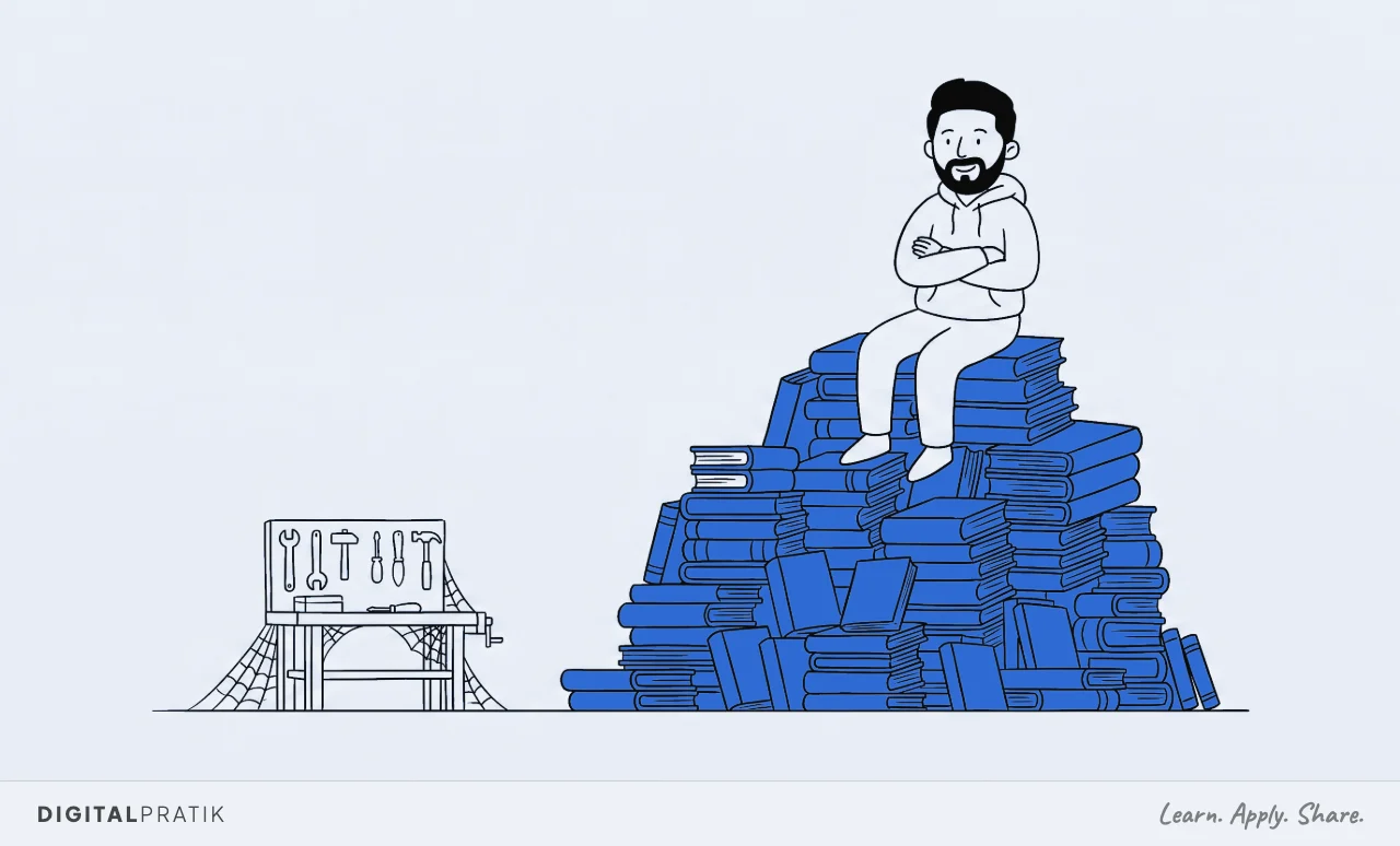 A line drawing of a man in a hoodie sitting contentedly on top of an enormous mountain of shut yellow books, arms folded. On the ground below, a workbench of tools sits untouched with a cobweb across it.