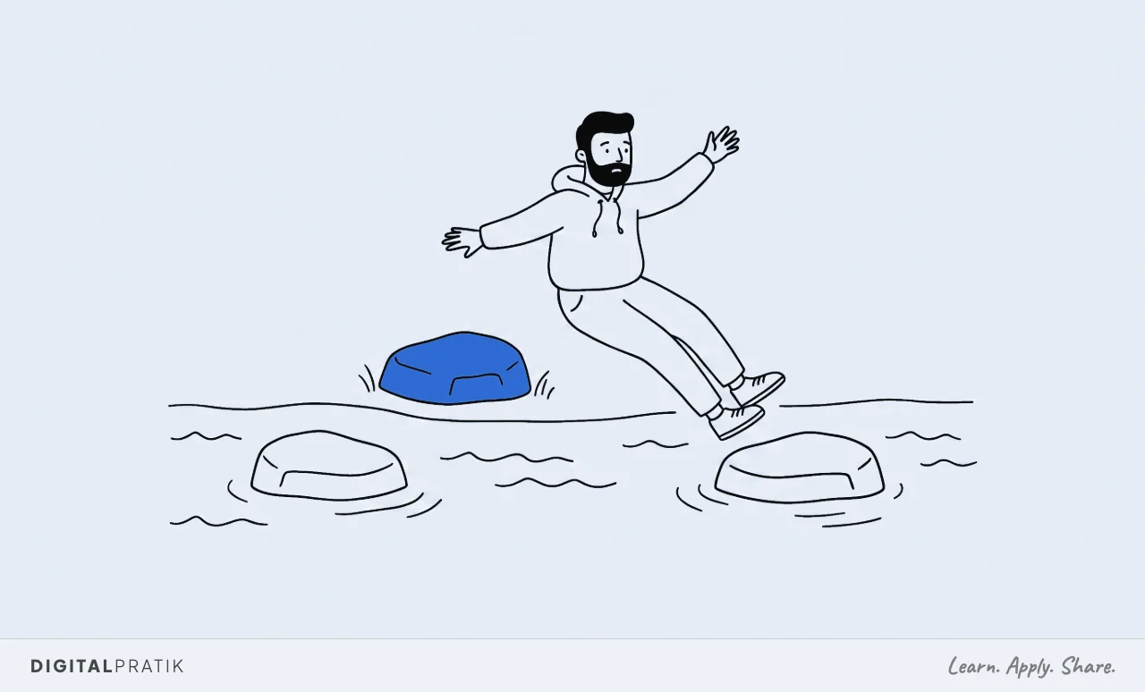 A line drawing of a man in a hoodie caught mid-air attempting one enormous stride from the first stepping stone straight to the third, arms windmilling, about to fall short. The unused middle stone sits on the bank behind him, drawn in yellow.