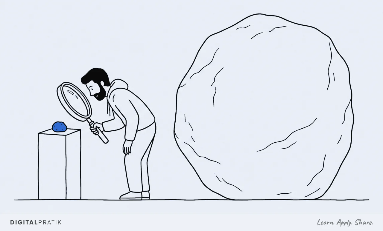 A line drawing of a man in a hoodie bent over a magnifying glass studying one small yellow pebble on a plinth. Filling the right of the picture, enormously larger and drawn in plain outline, sits a colossal boulder he has never turned to look at.