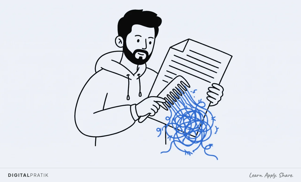 A line drawing of a man in a hoodie drawing a wide-toothed comb down through a page, pulling out a big tangled yellow snarl of woolly threads that falls away below. The part already combed is left clean and simple.