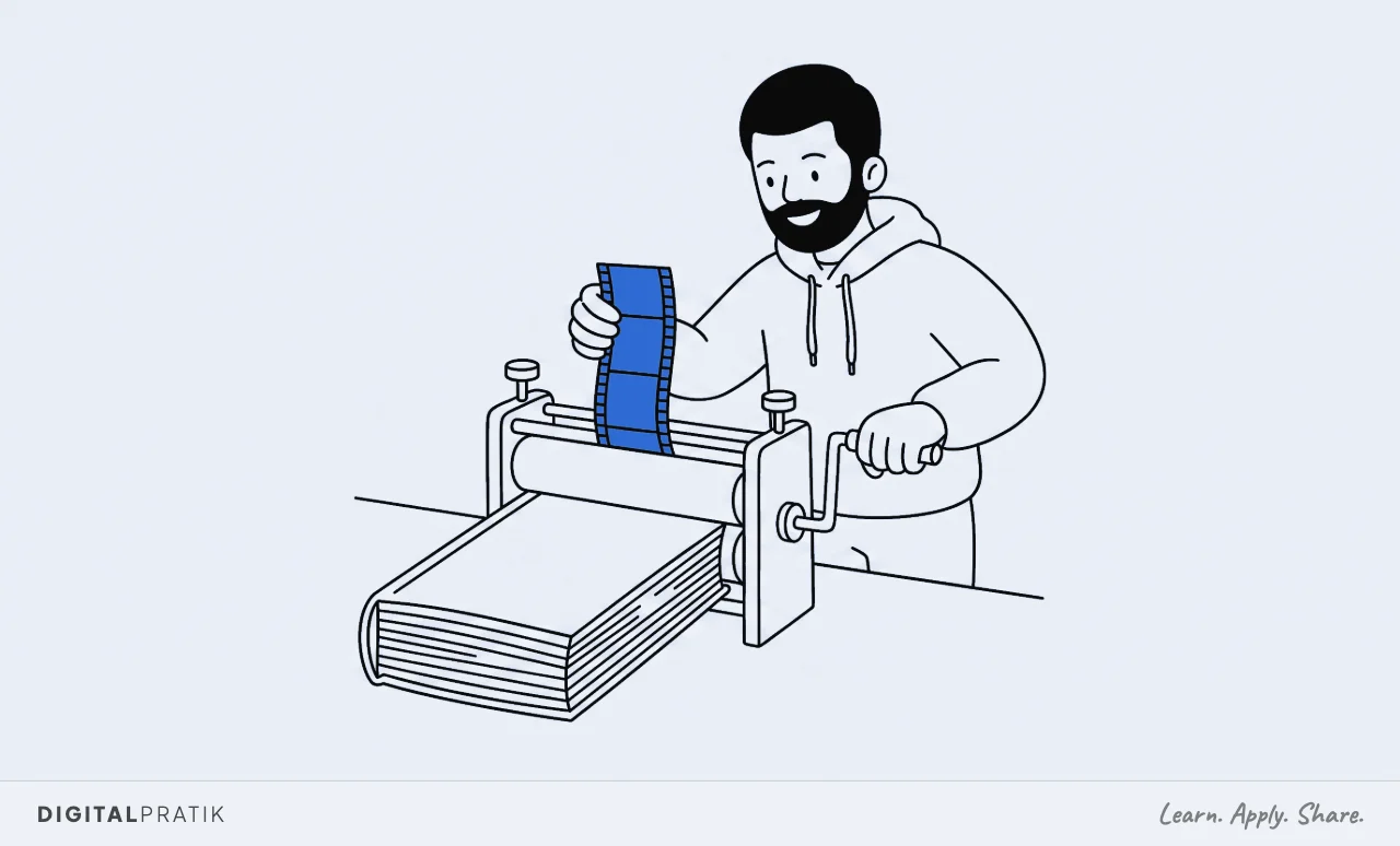 A line drawing of a man in a hoodie feeding one short yellow strip of film into a hand-cranked press and turning the handle. Out of the other side emerges a thick book with many pages, far bigger than the strip that went in.