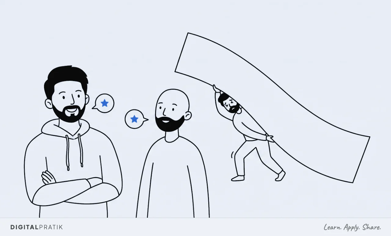 A line drawing of a man in a hoodie speaking, with a small speech bubble holding one tiny yellow shape, and a listener easily repeating the same small bubble back. Behind them another figure buckles under an enormous unwieldy blank banner nobody is looking at.