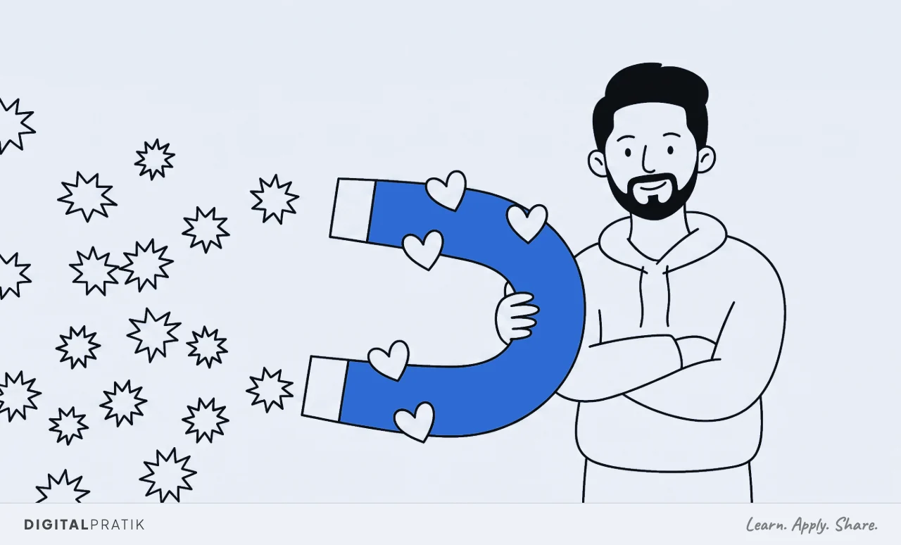 A line drawing of a man in a hoodie holding up a large blue horseshoe magnet. A few shapes of one kind fly towards it and stick, while many shapes of a different kind are flung away and tumble off the edges of the picture.