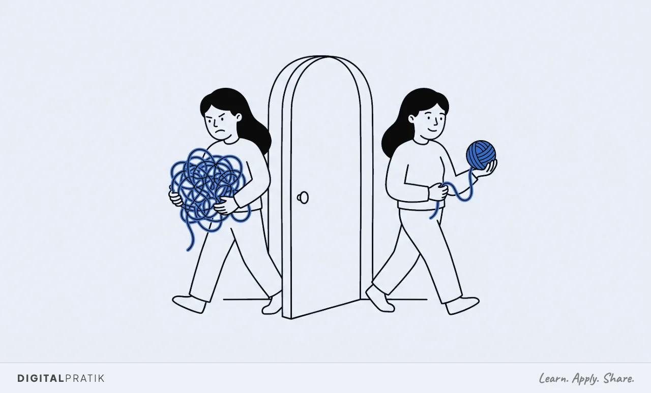 A line drawing of a doorway. On one side a person walks in holding a hopeless snarled tangle of blue string, looking fed up. On the other side the same person walks out with that string wound into one small neat ball, looking relieved.