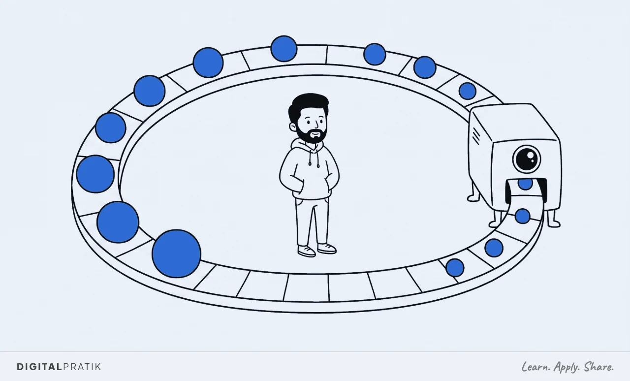 A line drawing of one large closed oval conveyor belt with a boxy machine sitting on it. Yellow parcels ride the belt through the machine and round the loop, growing larger with each pass. A man in a hoodie stands calmly inside the loop watching them go round.