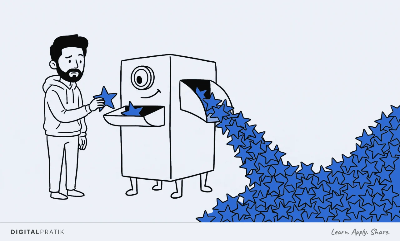 A line drawing of a man in a hoodie feeding one lopsided yellow star into the input slot of a large boxy machine. Out of the chute on the other side pours a huge heap of identical lopsided stars, spilling across the floor and off the edge of the picture. The machine is working happily. The man looks worried.