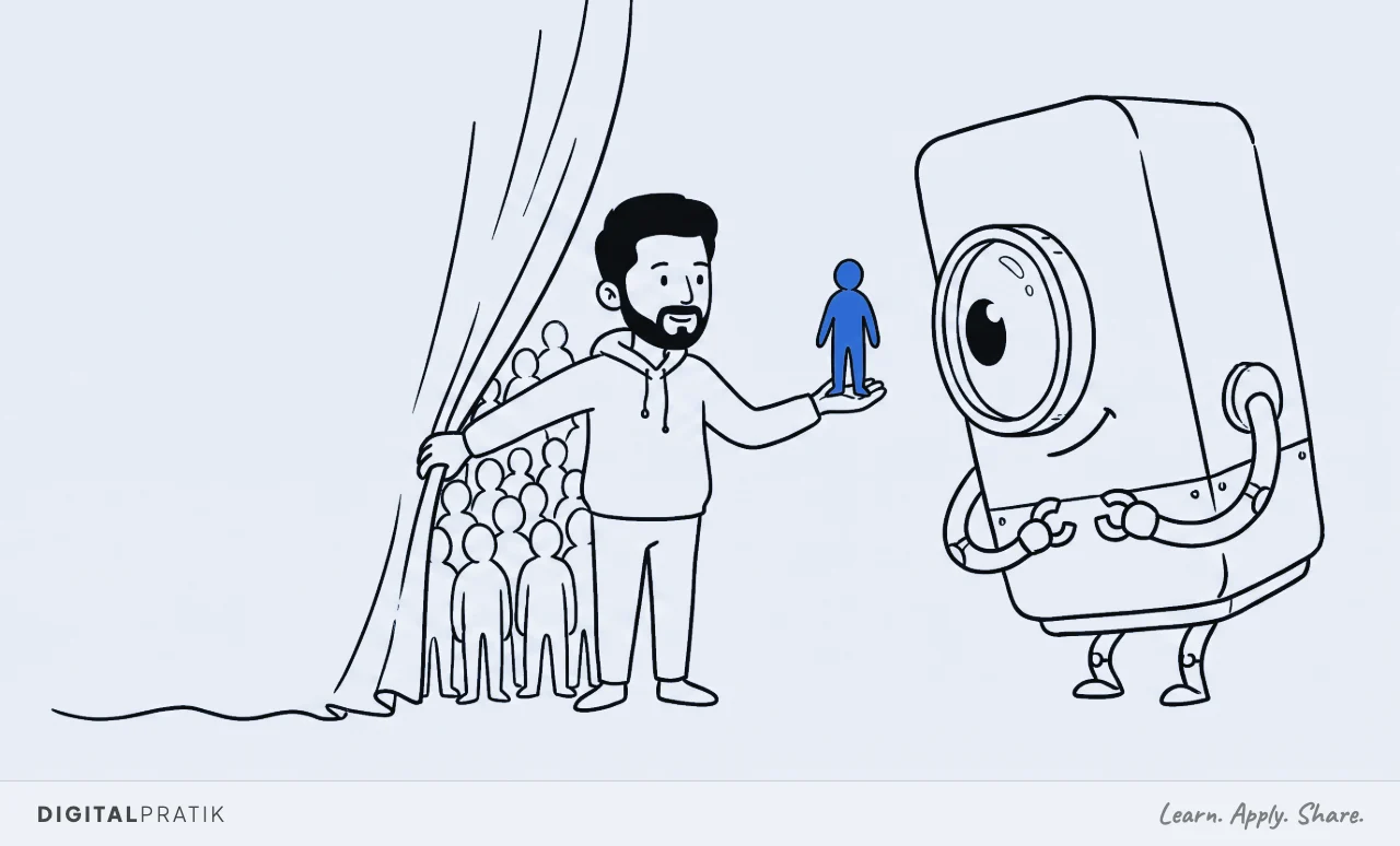 A line drawing of a man in a hoodie holding up one small yellow person figure on his open palm, showing it to a large boxy machine with a round lens for an eye. With his other hand he holds a curtain closed, and a big crowd of other people stands hidden behind it, out of the machine's view.