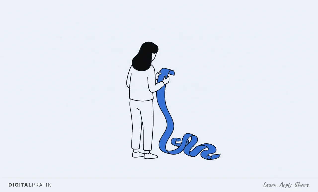A line drawing of one person facing a blank dead-end wall, holding a long yellow paper receipt that unrolls all the way to the floor and coils there uselessly. There is nothing else in the room.
